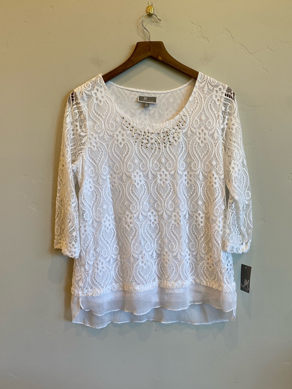 JM COLLECTION Macy’s Soft Dressing Studded Bright White Lace Top